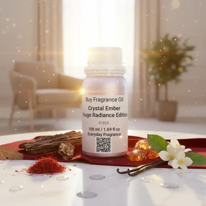 Crystal Ember Rouge Radiance Edition unisex perfume oil – luxury amber floral fragrance with saffron, jasmine, and amberwood in a radiant minimalist design