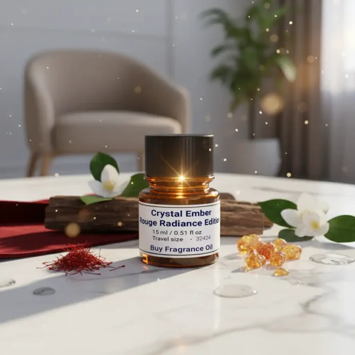 Crystal Ember Rouge Radiance Edition unisex perfume oil – luxury amber floral fragrance with saffron, jasmine, and amberwood in a radiant minimalist design