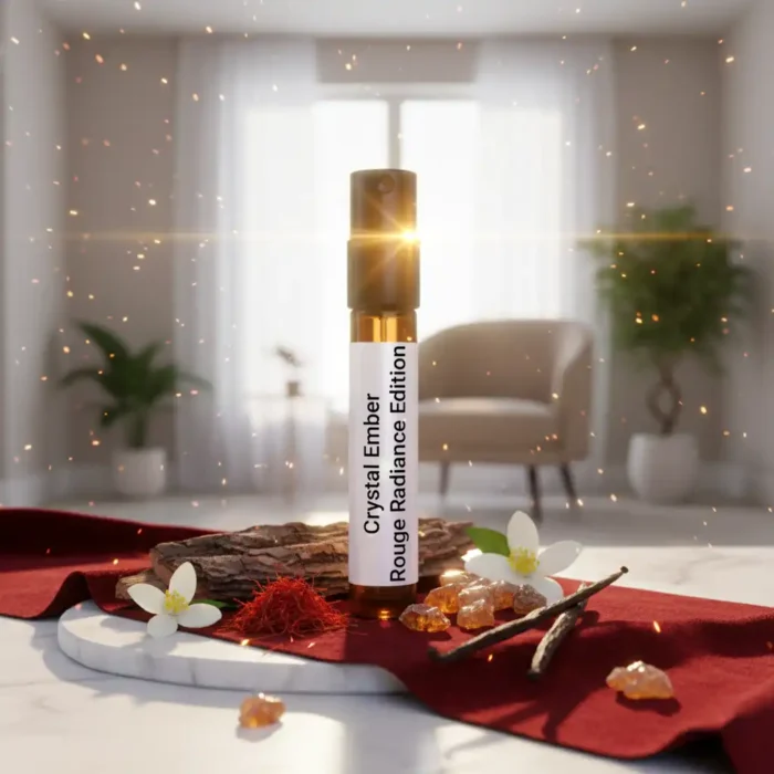 Crystal Ember Rouge Radiance Edition unisex perfume oil – luxury amber floral fragrance with saffron, jasmine, and amberwood in a radiant minimalist design
