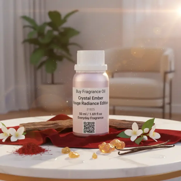 Crystal Ember Rouge Radiance Edition unisex perfume oil – luxury amber floral fragrance with saffron, jasmine, and amberwood in a radiant minimalist design