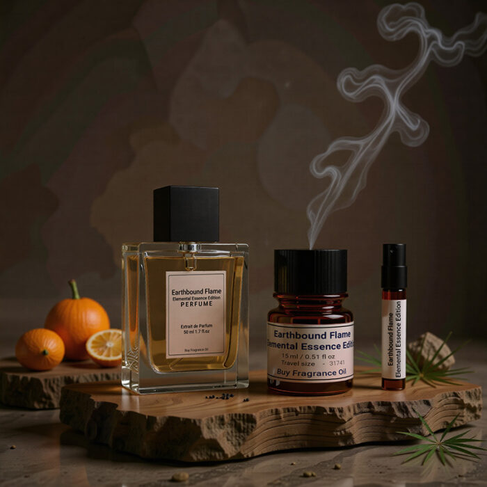 Earthbound Flame Elemental Essence Edition men’s perfume oil – woody earthy fragrance with citrus, vetiver, and cedarwood, luxury minimalist bottle design