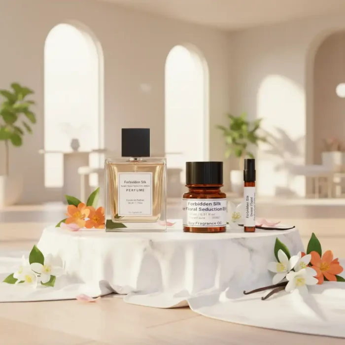 Forbidden Silk Sweet Floral Seduction Edition women’s perfume oil – white floral gourmand fragrance with jasmine, tuberose, and vanilla in a luxury minimalist bottle design