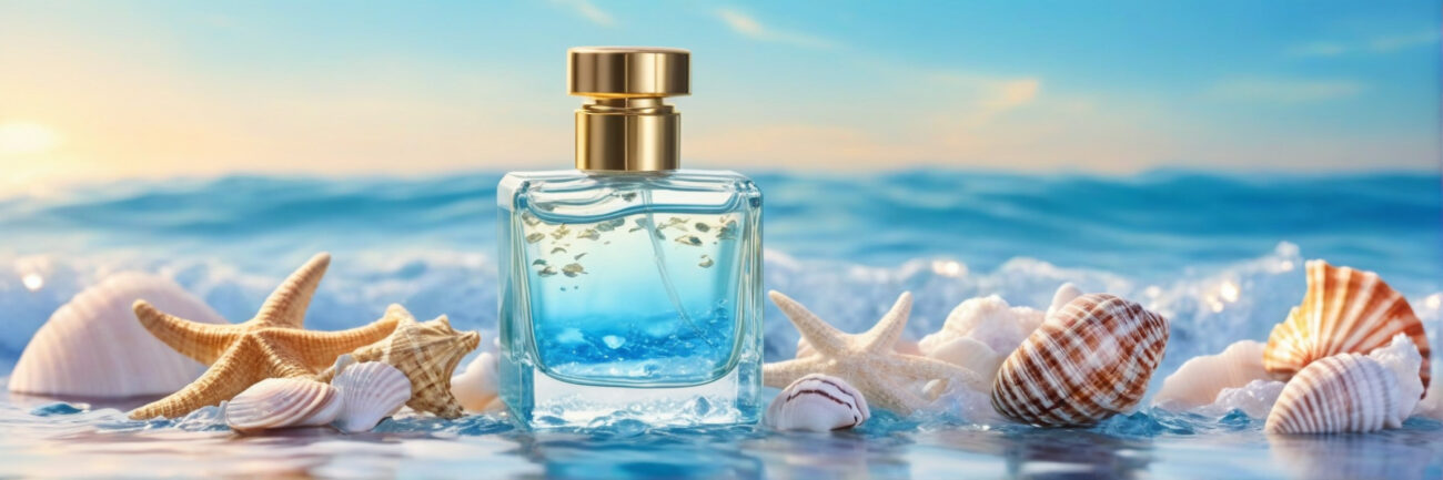 A minimalist luxury banner featuring ocean waves, seashells, and a sleek perfume bottle with a sustainable glass design, set in an eco-conscious ambiance.