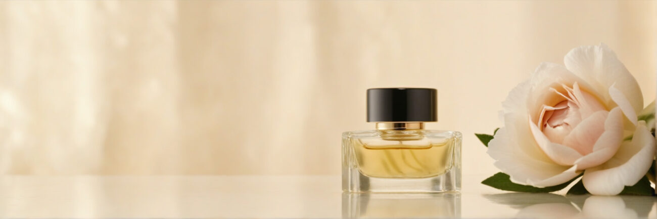 An elegant flat-lay of floral perfume oil bottles with fresh rose petals, jasmine blossoms, and soft fabric—a premium, romantic visual for the Floral Perfume Oils category.