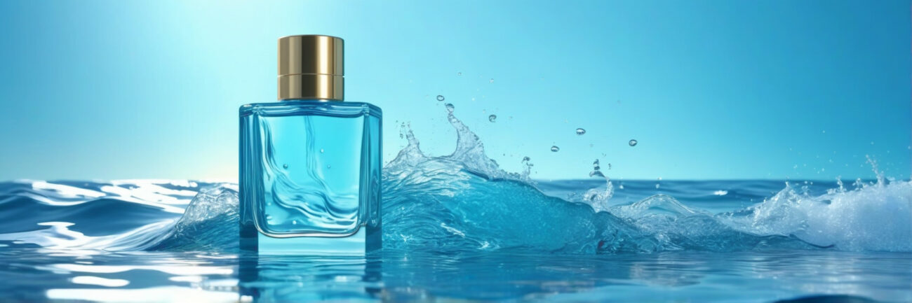 A luxury glass perfume oil bottle with a fresh, minimalist design, set against a cool aqua-toned background with water ripple effects.