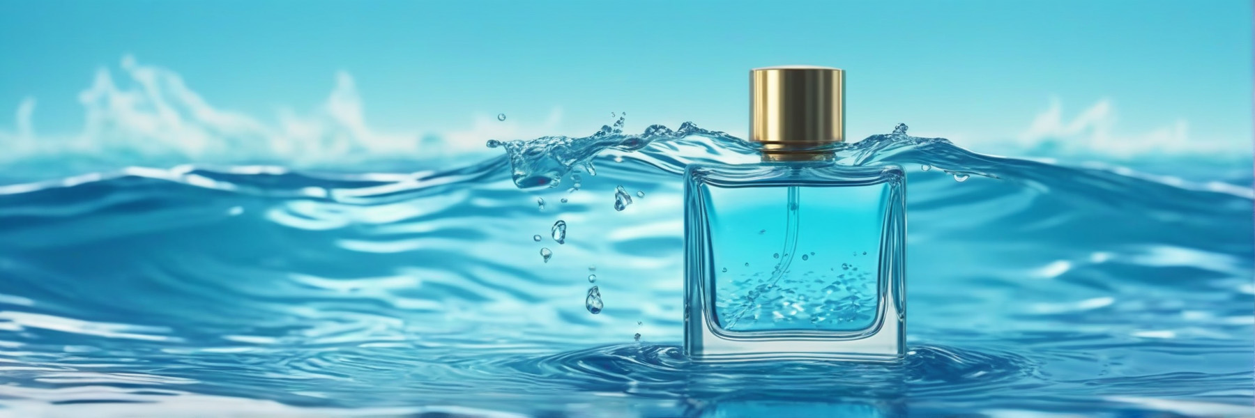 A luxury glass perfume oil bottle with a fresh, minimalist design, set against a cool aqua-toned background with water ripple effects.