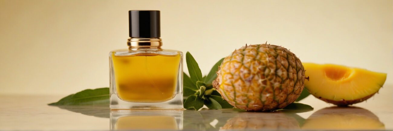 A premium perfume oil bottle styled among tropical fruits, highlighting vibrant colors and eco-conscious luxury design.
