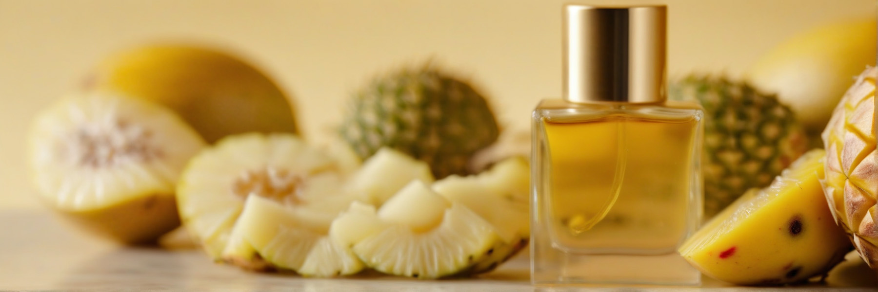 A premium perfume oil bottle styled among tropical fruits, highlighting vibrant colors and eco-conscious luxury design.