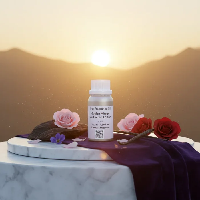 Golden Mirage Oud Velvet Edition unisex perfume oil – luxurious oud floral fragrance with rose, violet, and vanilla in a golden minimalist bottle design