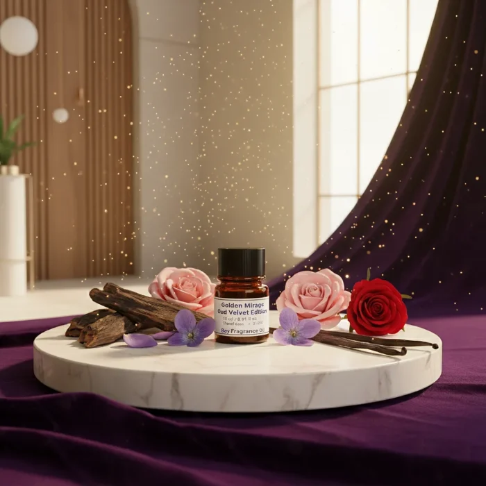 Golden Mirage Oud Velvet Edition unisex perfume oil – luxurious oud floral fragrance with rose, violet, and vanilla in a golden minimalist bottle design