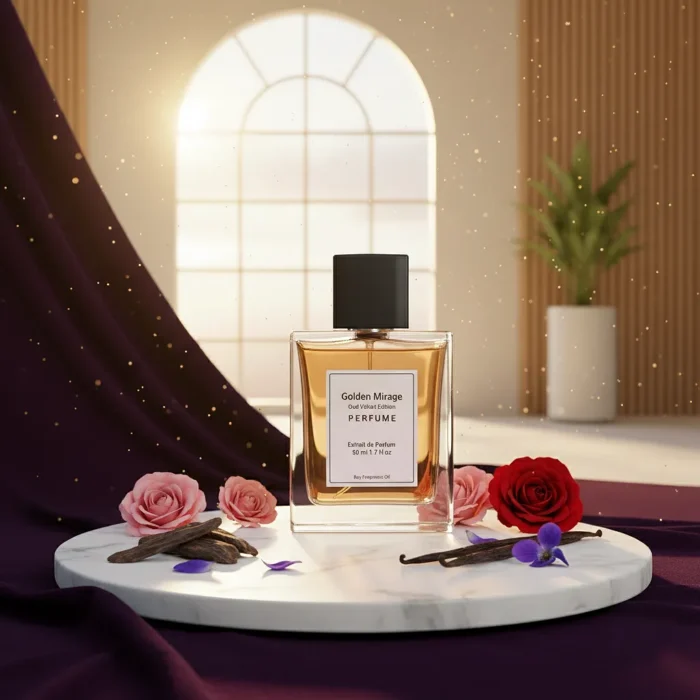 Golden Mirage Oud Velvet Edition unisex perfume oil – luxurious oud floral fragrance with rose, violet, and vanilla in a golden minimalist bottle design