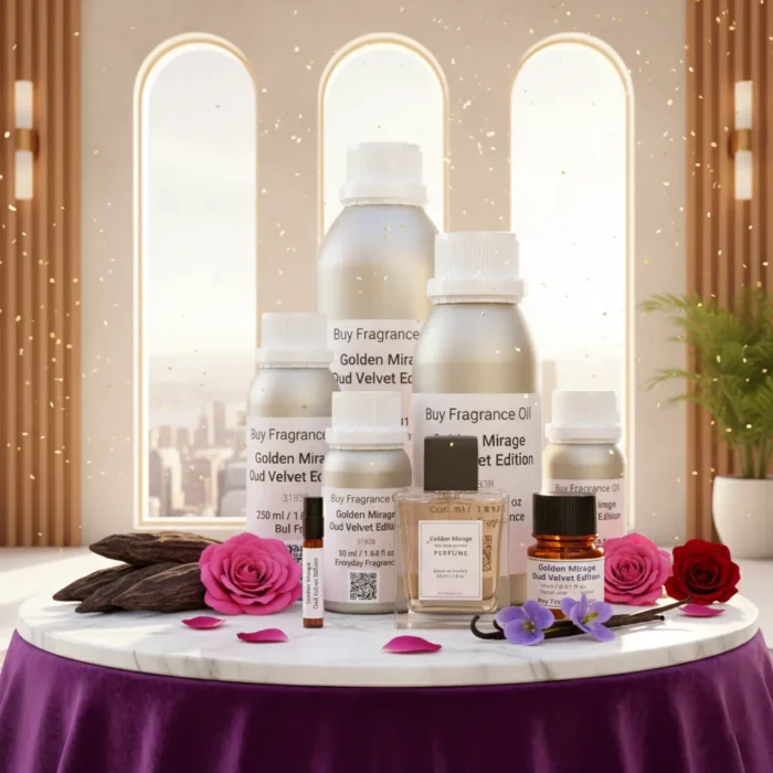 Golden Mirage Oud Velvet Edition unisex perfume oil – luxurious oud floral fragrance with rose, violet, and vanilla in a golden minimalist bottle design