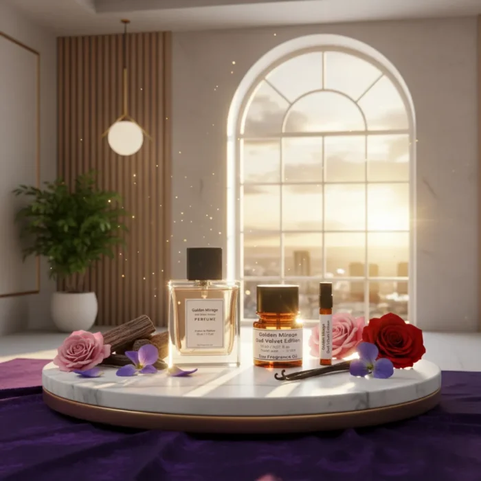 Golden Mirage Oud Velvet Edition unisex perfume oil – luxurious oud floral fragrance with rose, violet, and vanilla in a golden minimalist bottle design