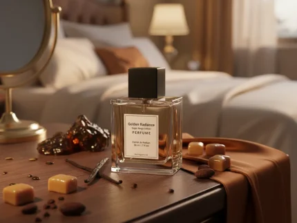 Golden Radiance women’s perfume oil – sweet vanilla amber gourmand fragrance with cocoa, caramel, and sandalwood in a luxury minimalist design