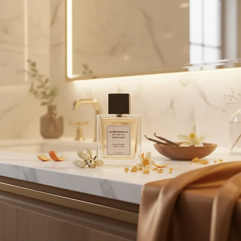 Golden Radiance women’s perfume oil – sweet vanilla amber gourmand fragrance with cocoa, caramel, and sandalwood in a luxury minimalist design