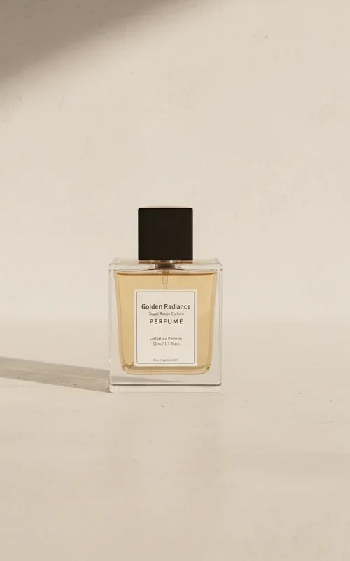 Golden Radiance women’s perfume oil – sweet vanilla amber gourmand fragrance with cocoa, caramel, and sandalwood in a luxury minimalist design