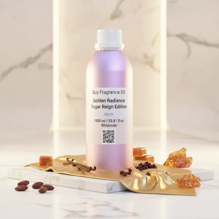 Golden Radiance women’s perfume oil – sweet vanilla amber gourmand fragrance with cocoa, caramel, and sandalwood in a luxury minimalist design