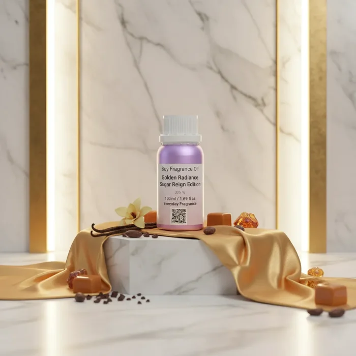 Golden Radiance women’s perfume oil – sweet vanilla amber gourmand fragrance with cocoa, caramel, and sandalwood in a luxury minimalist design