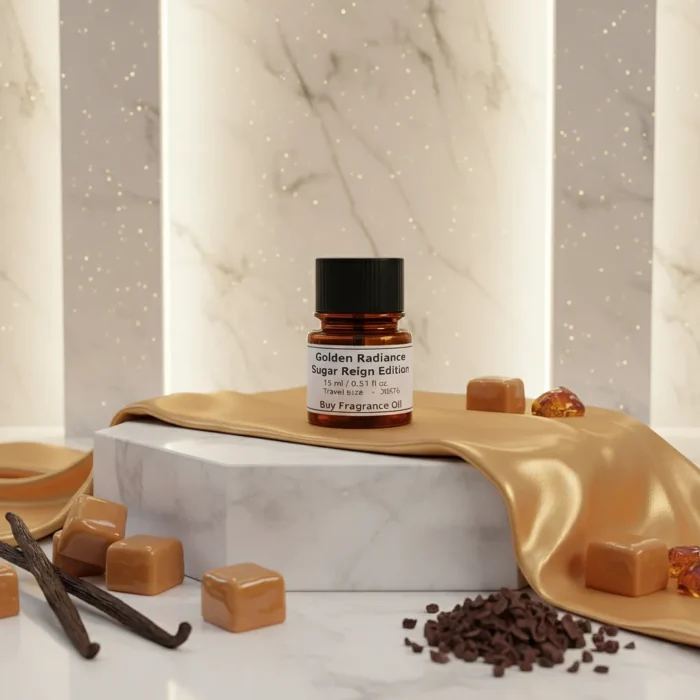 Golden Radiance women’s perfume oil – sweet vanilla amber gourmand fragrance with cocoa, caramel, and sandalwood in a luxury minimalist design