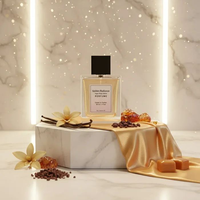 Golden Radiance women’s perfume oil – sweet vanilla amber gourmand fragrance with cocoa, caramel, and sandalwood in a luxury minimalist design