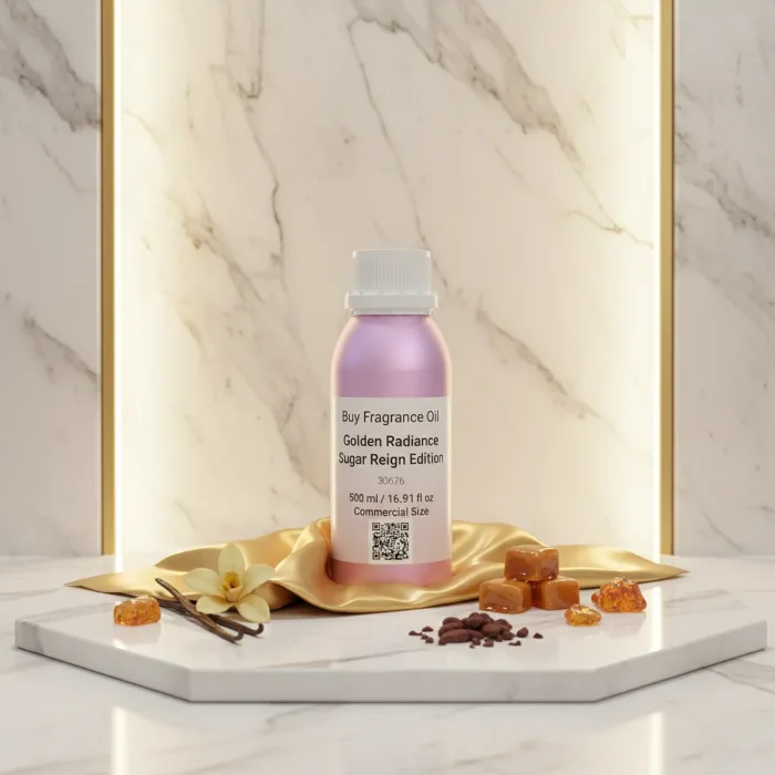 Golden Radiance women’s perfume oil – sweet vanilla amber gourmand fragrance with cocoa, caramel, and sandalwood in a luxury minimalist design