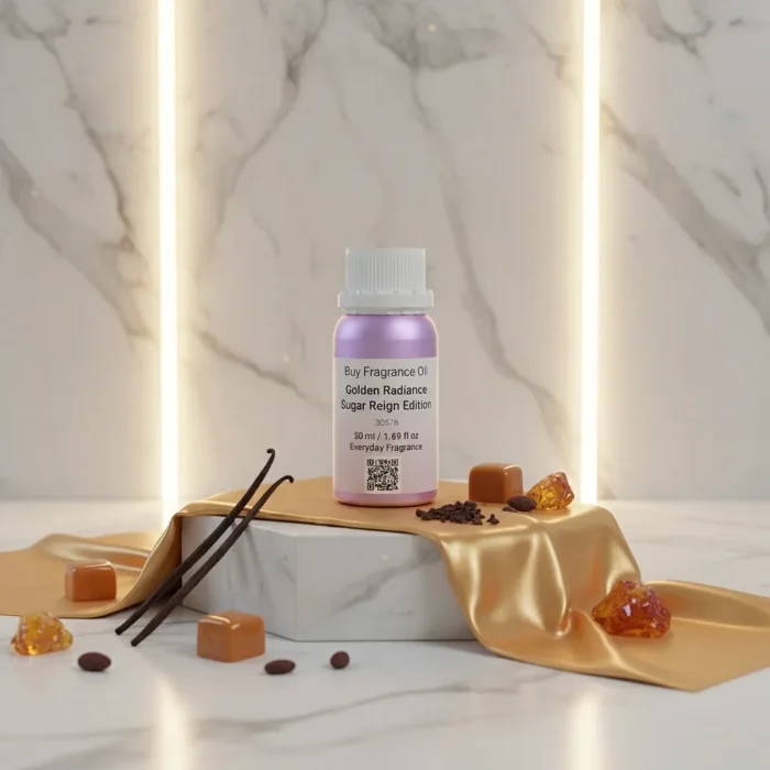 Golden Radiance women’s perfume oil – sweet vanilla amber gourmand fragrance with cocoa, caramel, and sandalwood in a luxury minimalist design