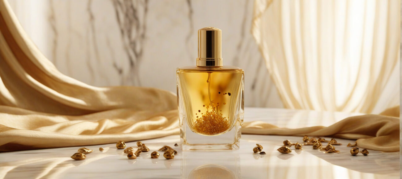 Golden Radiance women’s perfume oil – sweet vanilla amber gourmand fragrance with cocoa, caramel, and sandalwood in a luxury minimalist design