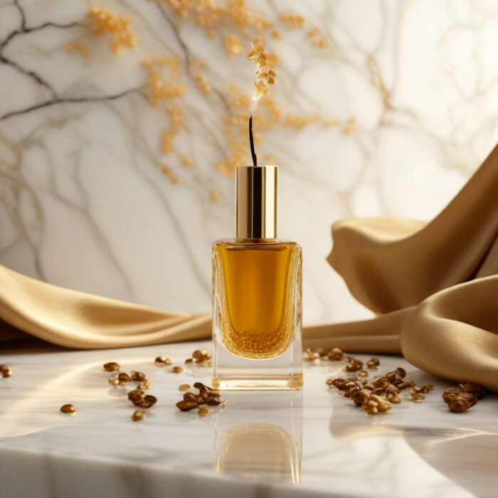 Golden Radiance women’s perfume oil – sweet vanilla amber gourmand fragrance with cocoa, caramel, and sandalwood in a luxury minimalist design