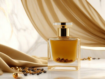 Golden Radiance women’s perfume oil – sweet vanilla amber gourmand fragrance with cocoa, caramel, and sandalwood in a luxury minimalist design