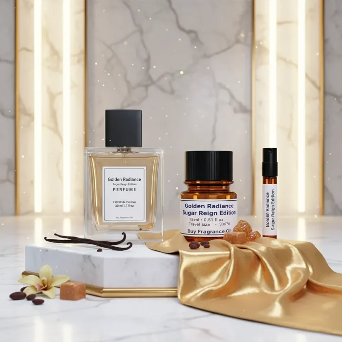 Golden Radiance women’s perfume oil – sweet vanilla amber gourmand fragrance with cocoa, caramel, and sandalwood in a luxury minimalist design