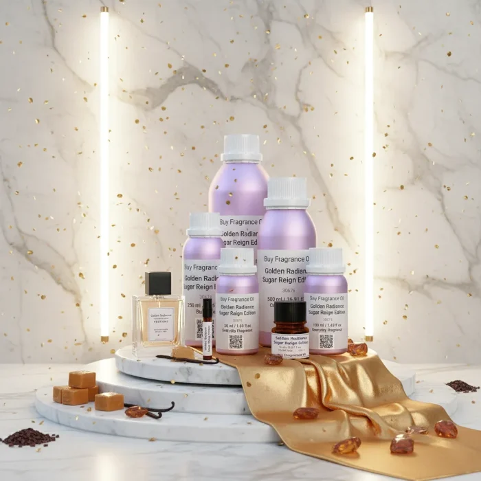 Golden Radiance women’s perfume oil – sweet vanilla amber gourmand fragrance with cocoa, caramel, and sandalwood in a luxury minimalist design