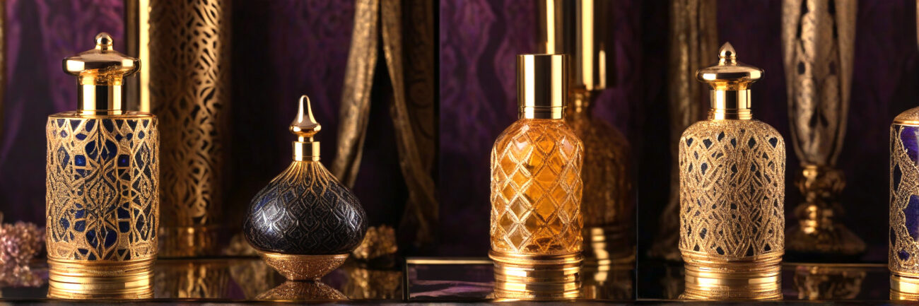 A sophisticated visual representation of Modern Arabian Fusion perfume oils—blending Middle Eastern opulence with modern minimalism. Features black and gold bottles, oud wood, saffron, jewel-toned silk, and warm cinematic lighting.