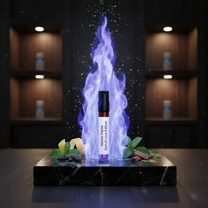 Mythic Flame God of Love Edition men’s perfume oil – bold seductive fragrance with citrus, tonka bean, and woody notes in a luxury minimalist bottle design