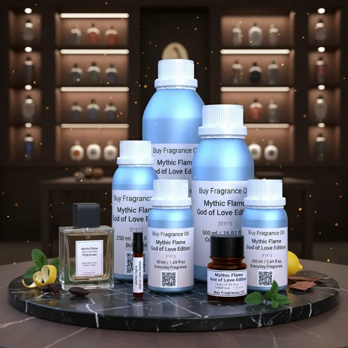 Mythic Flame God of Love Edition men’s perfume oil – bold seductive fragrance with citrus, tonka bean, and woody notes in a luxury minimalist bottle design