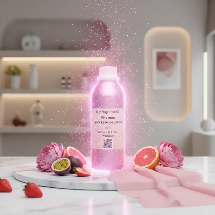 Pink Aura Bombshell Spark Edition women’s perfume oil – fruity floral fragrance with passionfruit, peony, and musk in a luxury minimalist design