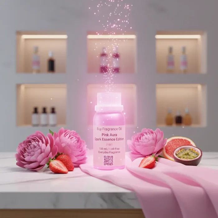 Pink Aura Bombshell Spark Edition women’s perfume oil – fruity floral fragrance with passionfruit, peony, and musk in a luxury minimalist design
