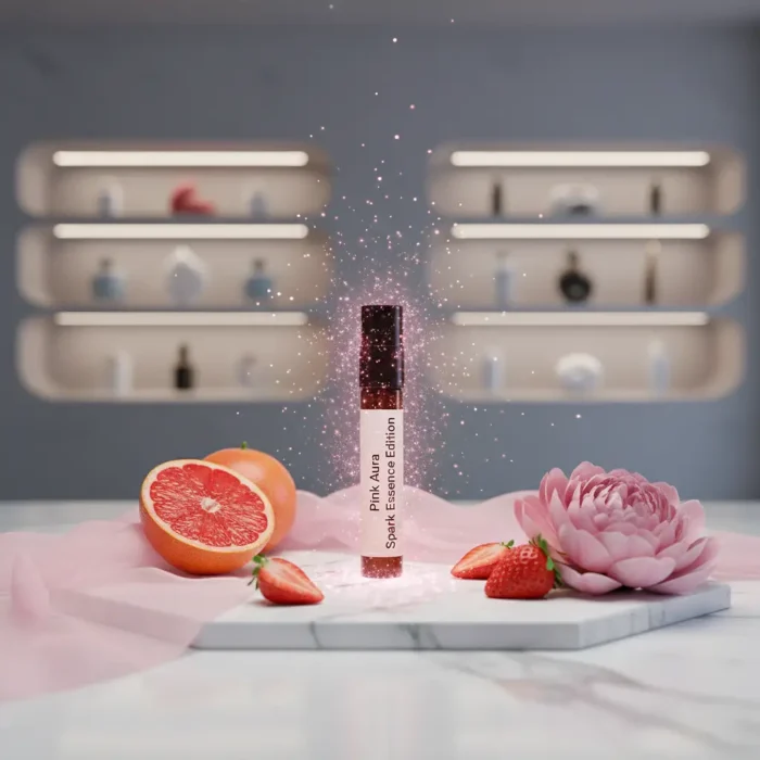 Pink Aura Bombshell Spark Edition women’s perfume oil – fruity floral fragrance with passionfruit, peony, and musk in a luxury minimalist design