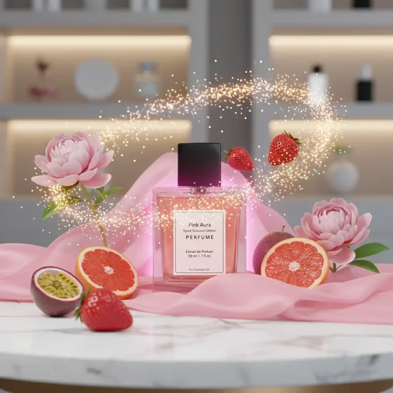 Pink Aura Bombshell Spark Edition women’s perfume oil – fruity floral fragrance with passionfruit, peony, and musk in a luxury minimalist design