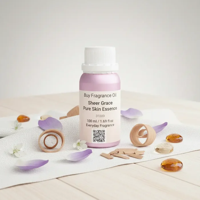 Sheer Grace Bare Skin Essence women’s perfume oil – soft minimalist fragrance with musk, white florals, sandalwood and amber in a luxury eco-conscious design