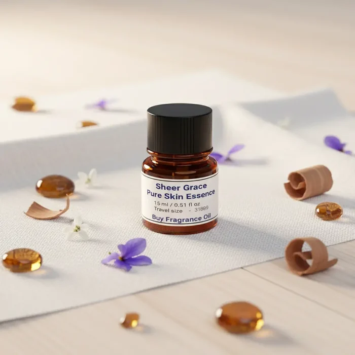 Sheer Grace Bare Skin Essence women’s perfume oil – soft minimalist fragrance with musk, white florals, sandalwood and amber in a luxury eco-conscious design