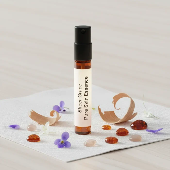 Sheer Grace Bare Skin Essence women’s perfume oil – soft minimalist fragrance with musk, white florals, sandalwood and amber in a luxury eco-conscious design