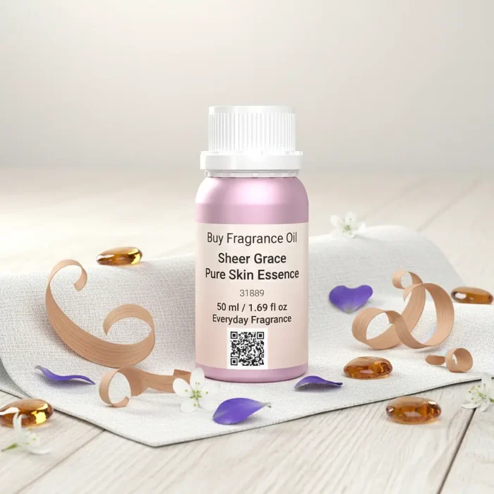 Sheer Grace Bare Skin Essence women’s perfume oil – soft minimalist fragrance with musk, white florals, sandalwood and amber in a luxury eco-conscious design