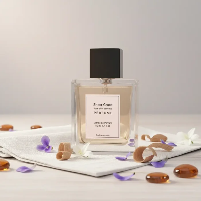 Sheer Grace Bare Skin Essence women’s perfume oil – soft minimalist fragrance with musk, white florals, sandalwood and amber in a luxury eco-conscious design