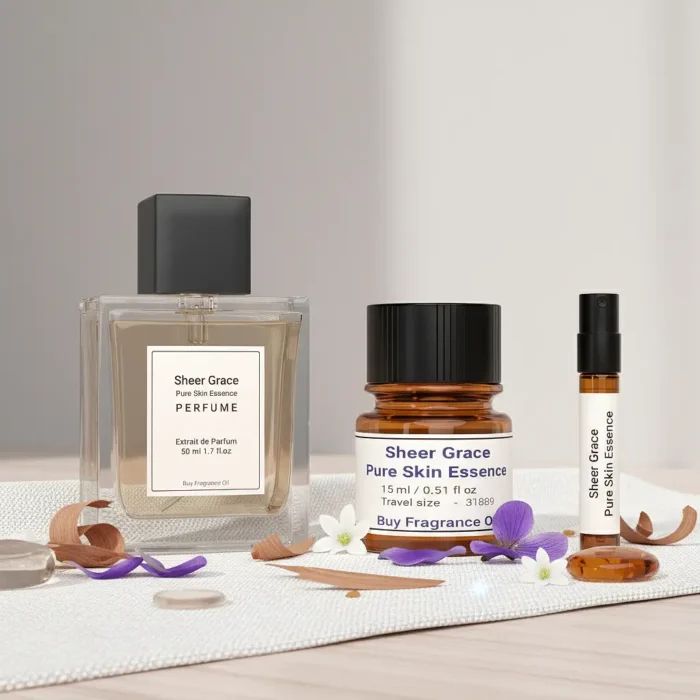 Sheer Grace Bare Skin Essence women’s perfume oil – soft minimalist fragrance with musk, white florals, sandalwood and amber in a luxury eco-conscious design