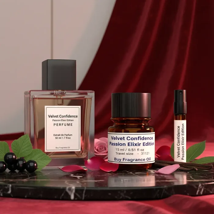 Velvet Confidence Passion Elixir Edition women’s perfume oil – sweet chypre fragrance with blackcurrant, rose, and vanilla in a luxury minimalist design