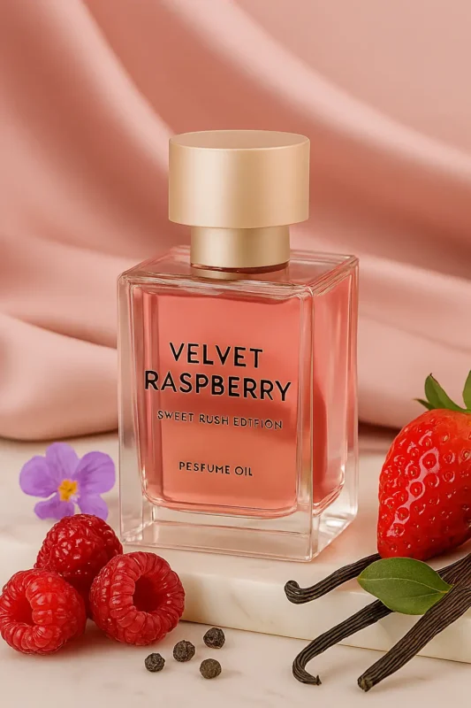 Velvet Raspberry Sweet Rush Edition women’s perfume oil – fruity floral gourmand fragrance with raspberry, strawberry, violet, and vanilla in a luxury minimalist design