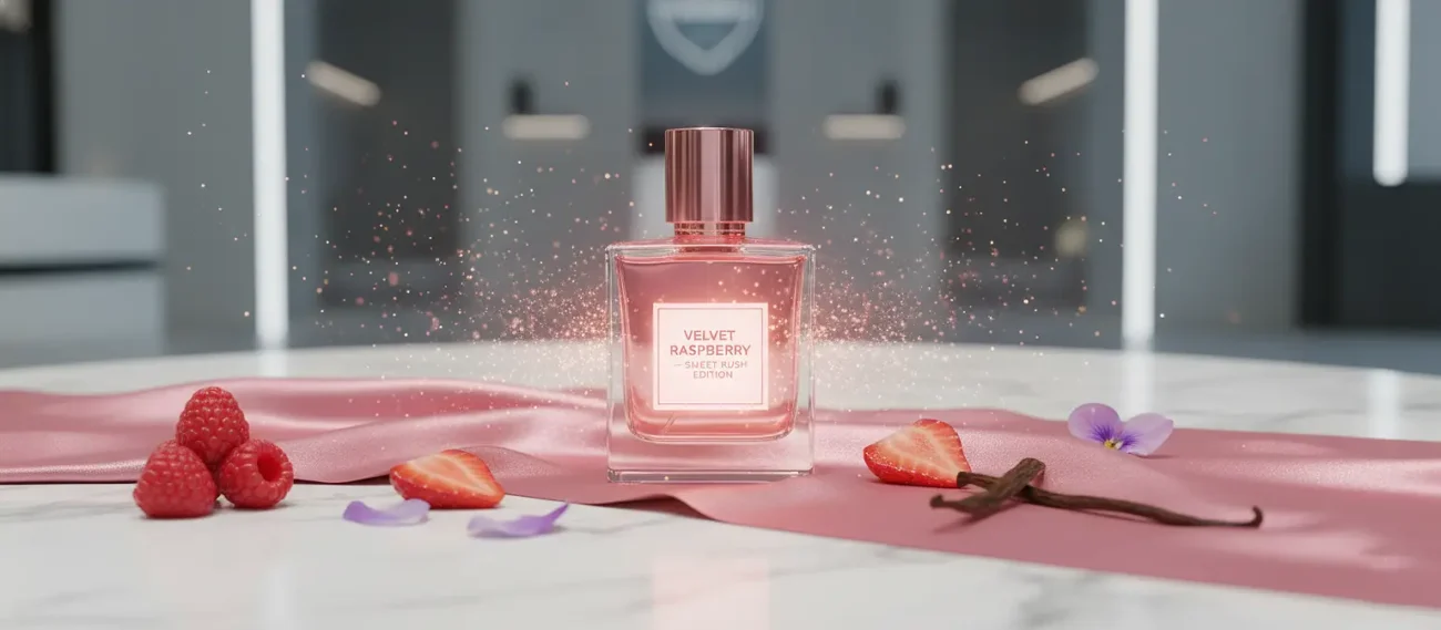 Velvet Raspberry Sweet Rush Edition women’s perfume oil – fruity floral gourmand fragrance with raspberry, strawberry, violet, and vanilla in a luxury minimalist design
