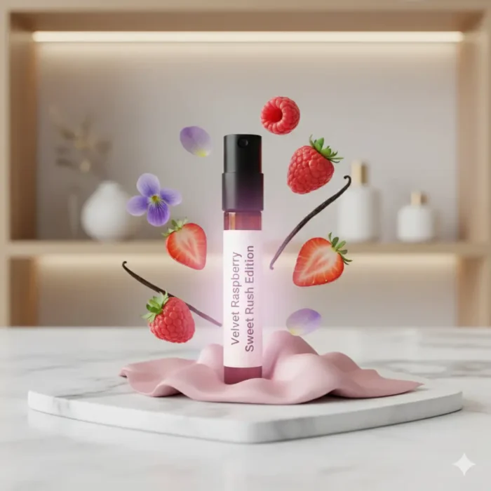 Velvet Raspberry Sweet Rush Edition women’s perfume oil – fruity floral gourmand fragrance with raspberry, strawberry, violet, and vanilla in a luxury minimalist design