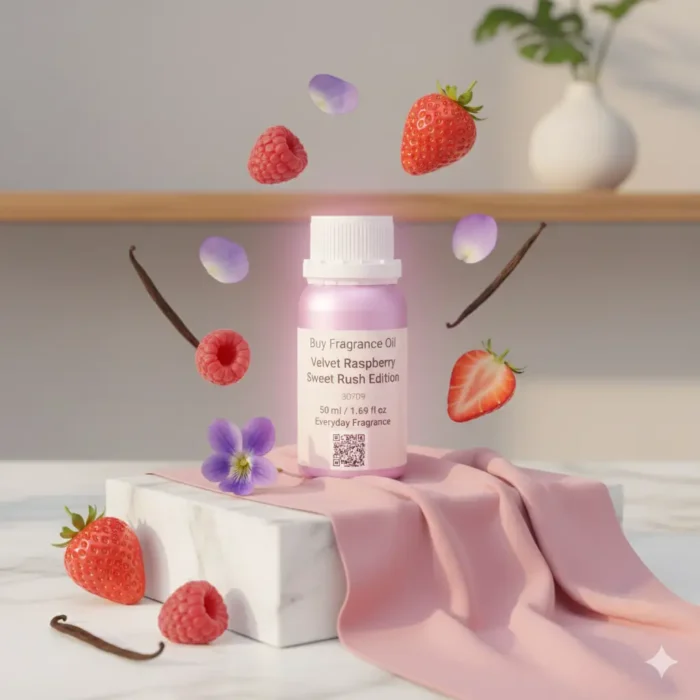 Velvet Raspberry Sweet Rush Edition women’s perfume oil – fruity floral gourmand fragrance with raspberry, strawberry, violet, and vanilla in a luxury minimalist design