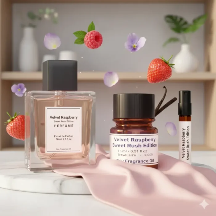 Velvet Raspberry Sweet Rush Edition women’s perfume oil – fruity floral gourmand fragrance with raspberry, strawberry, violet, and vanilla in a luxury minimalist design